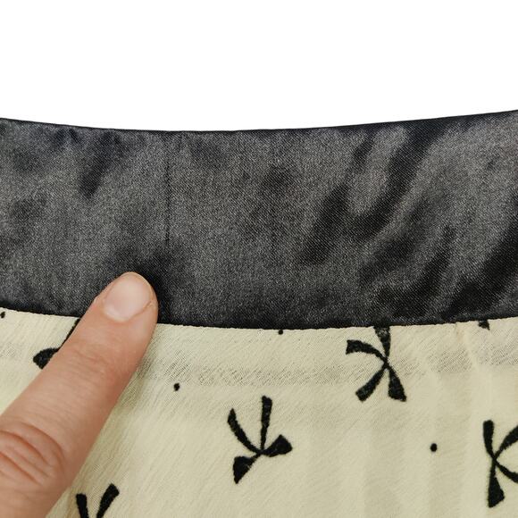 Vtg Pleated Chiffon Cream Black Ribbon Print A-Line Skirt Small Preppy Coquette - Picture 11 of 11